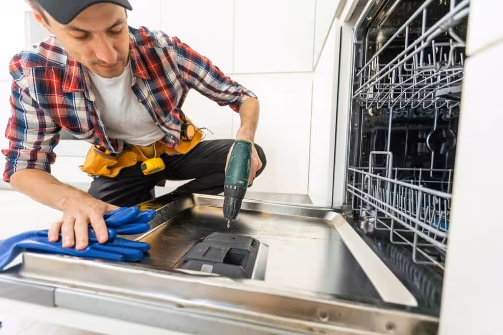 One repairman fixing malfunctioning kitchen dishwasher problem